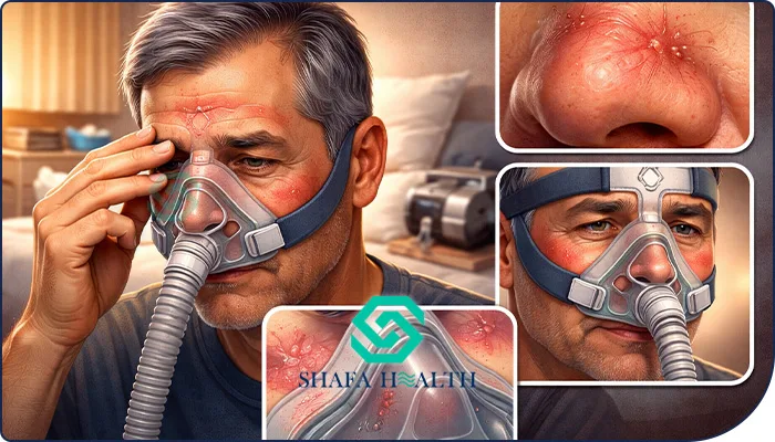 تماس مداوم ماسک با صورت و فشاری که بندهای آن برای جلوگیری از نشت هوا وارد می‌کنند، می‌تواند منجر به قرمزی پوست، ایجاد رد ماسک و حتی زخم‌های فشاری روی پل بینی یا پیشانی شود. این عارضه اغلب ناشی از سفت بستن بیش از حد ماسک یا نامناسب بودن سایز و مدل ماسک با فرم صورت بیمار است. حساسیت به جنس سیلیکون ماسک نیز در موارد نادر مشاهده می‌شود.